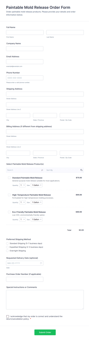 Paintable Mold Release Order Form Template