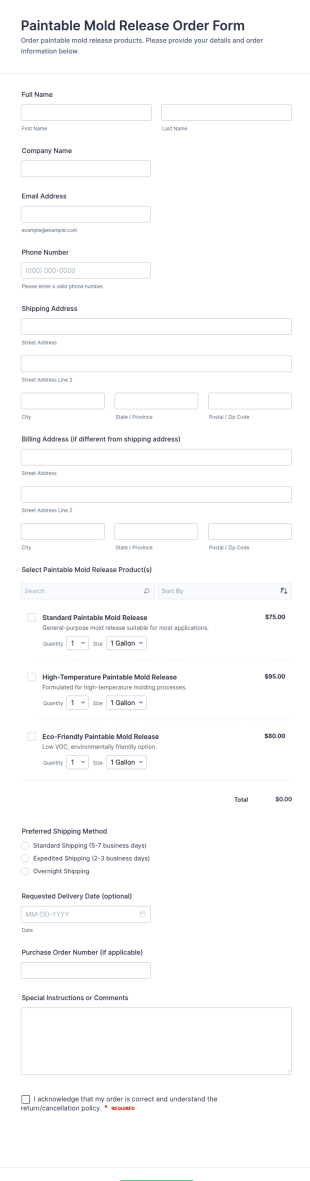 Paintable Mold Release Order Form Template