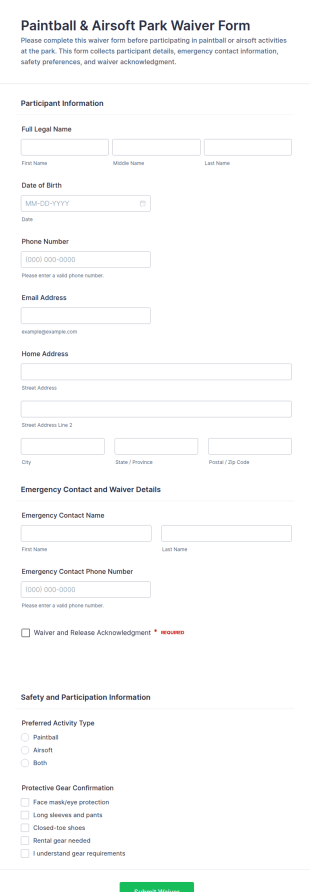 Paintball & Airsoft Park Waiver Form Template