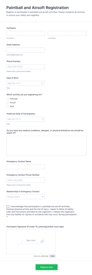 Paintball And Airsoft Registration Form Template