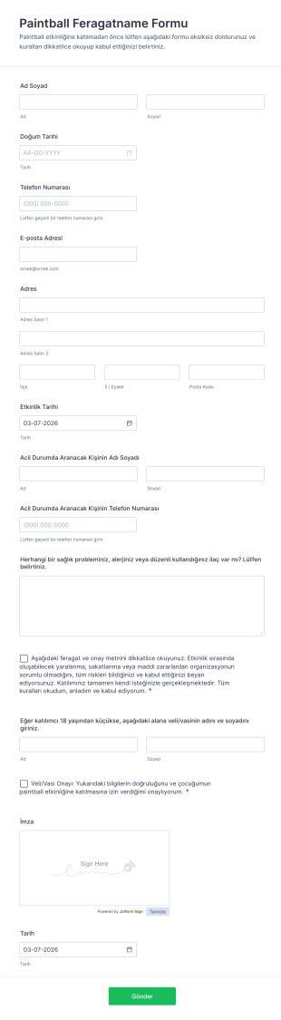 Paintball Feragatname Form Şablonu