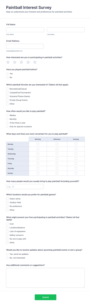 Paintball Interest Survey Form Template