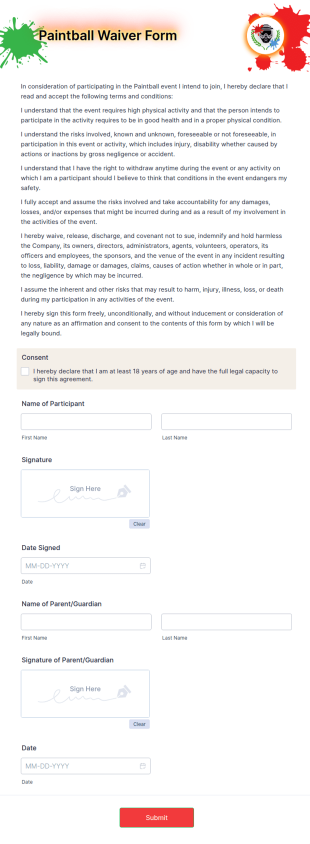 Paintball Waiver Form Template