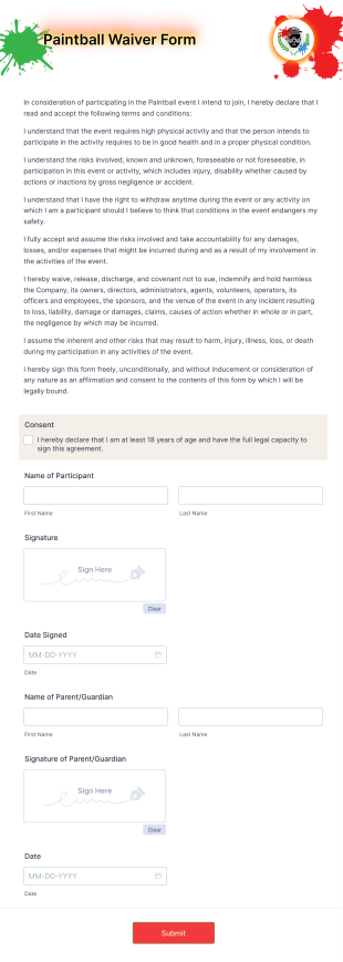 Paintball Waiver Form Template