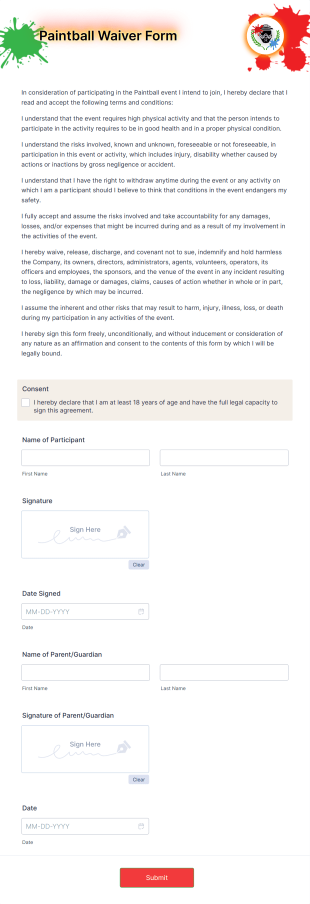 Paintball Waiver Form Template