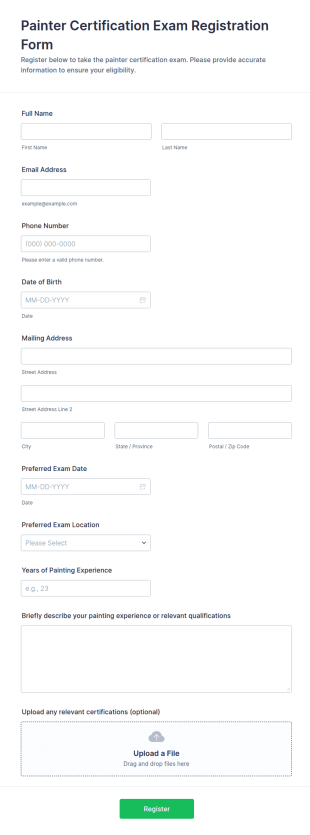 Painter Certification Exam Registration Form Template