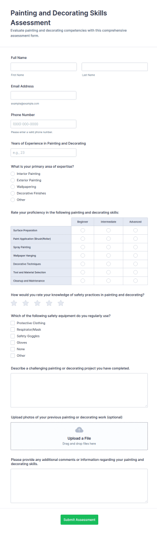Painting And Decorating Skills Assessment Form Template