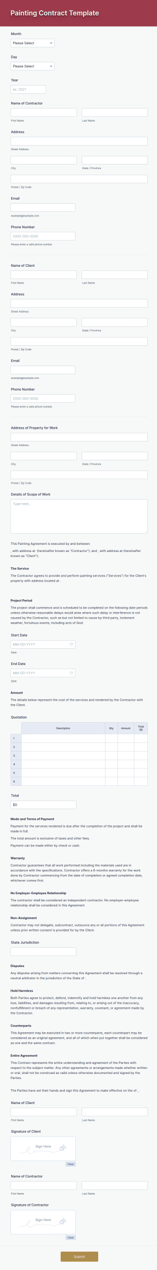 Painting Contract Form Template
