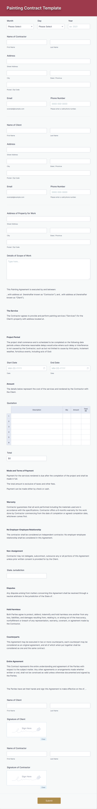 Painting Contract Form Template