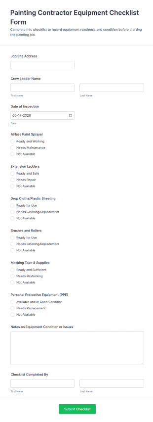 Painting Contractor Equipment Checklist Form Template