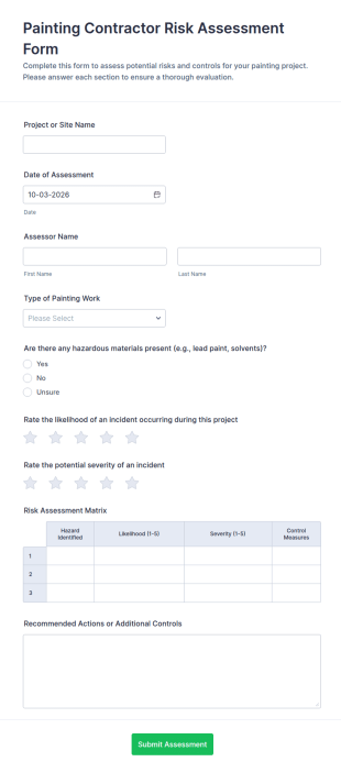 Painting Contractor Risk Assessment Form Template