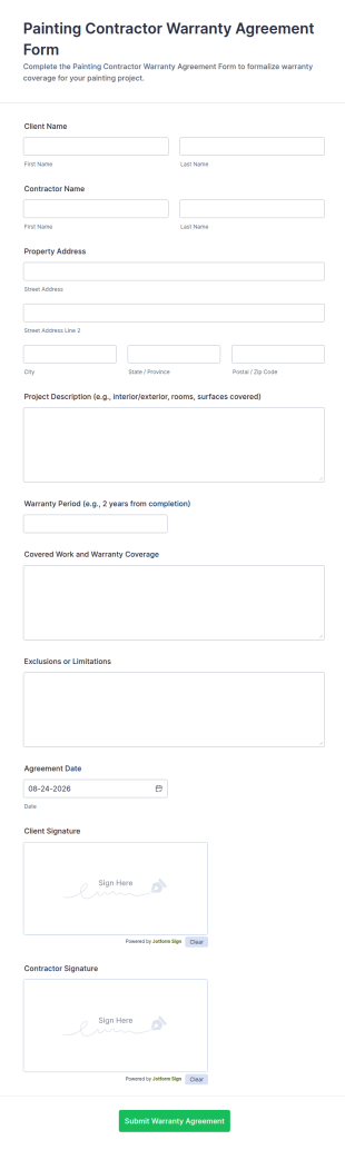 Painting Contractor Warranty Agreement Form Template
