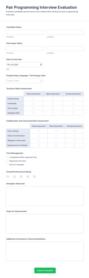 Pair Programming Interview Evaluation Form Template