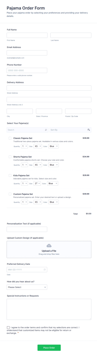 Pajama Order Form Template