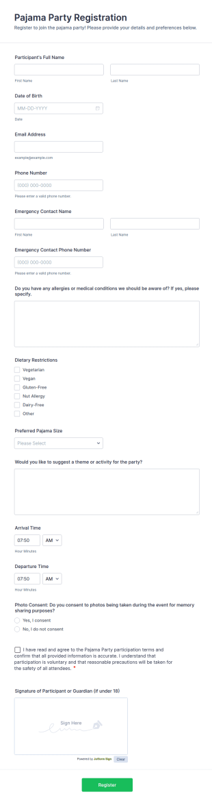 Pajama Party Registration Form Template