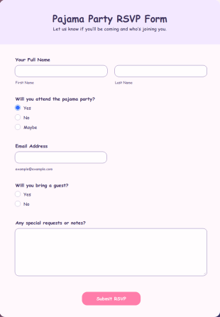 Pajama Party RSVP Form Template
