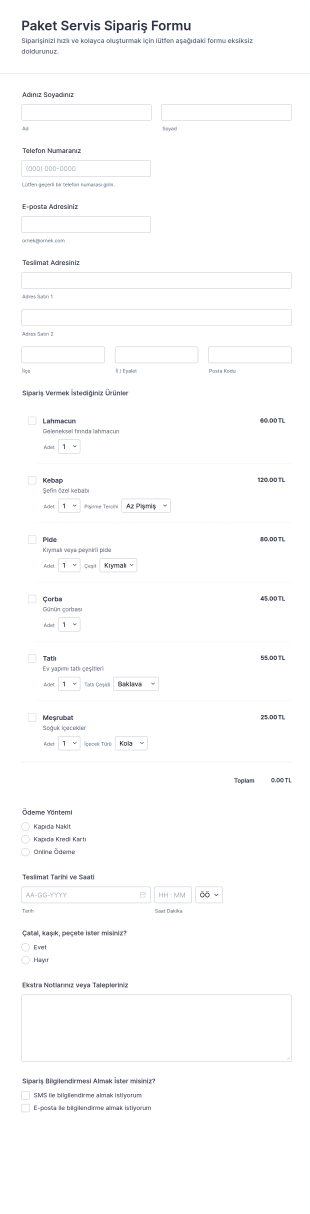 Paket Servis Sipariş Form Şablonu