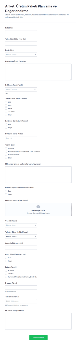 Paket Üretimi Anketi Form Şablonu