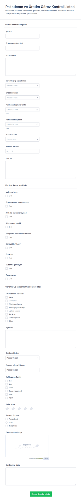 Paketleme Ve Üretim Görev Kontrol Listesi Form Şablonu
