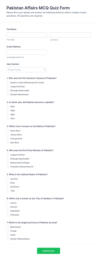 Pakistan Affairs MCQ Quiz Form Template
