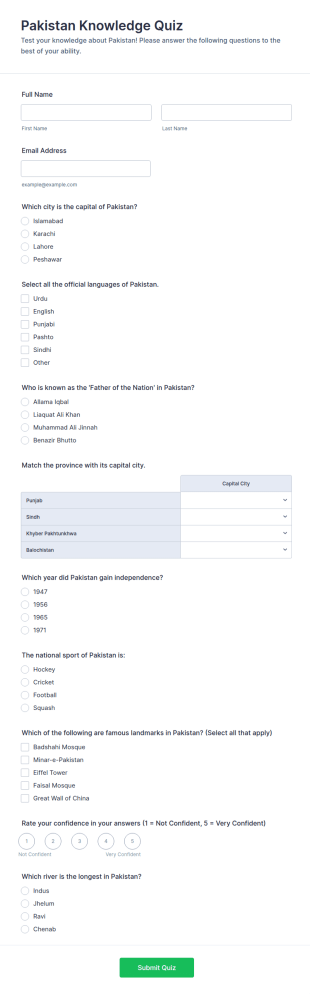 Pakistan Knowledge Quiz Form Template