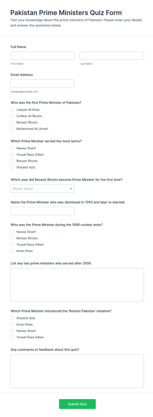 Pakistan Prime Ministers Quiz Form Template