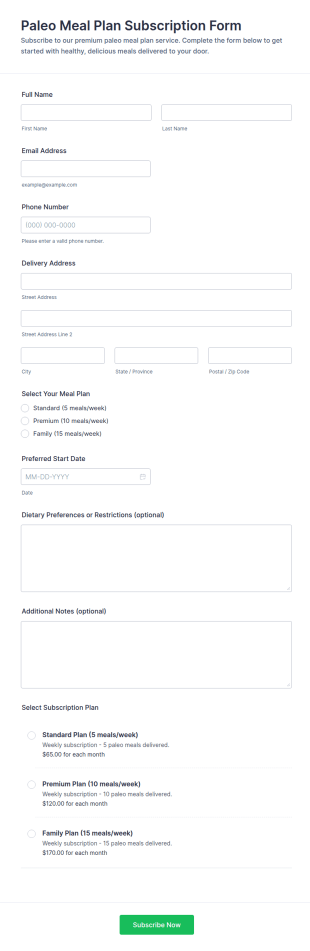 Paleo Meal Plan Subscription Form Template