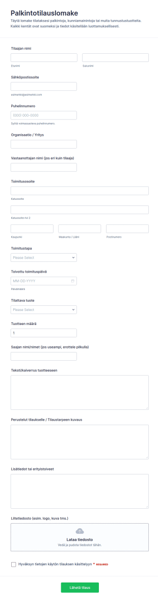 Palkintotilauksen Lomake