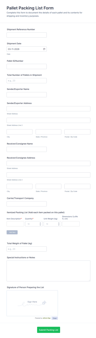 Pallet Packing List Form Template