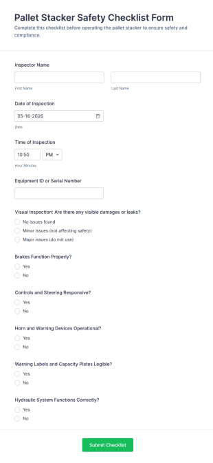 Pallet Stacker Safety Checklist Form Template