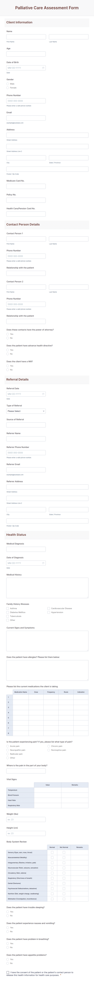 Palliative Care Assessment Form Template