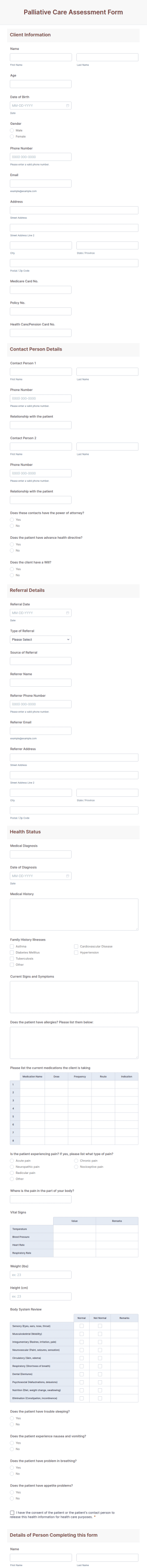 Palliative Care Assessment Form Template
