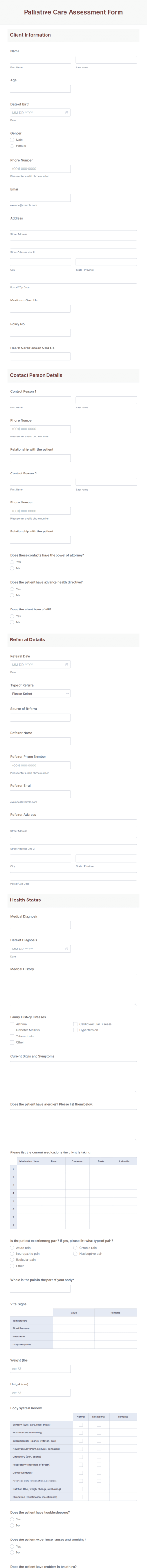 Palliative Care Assessment Form Template