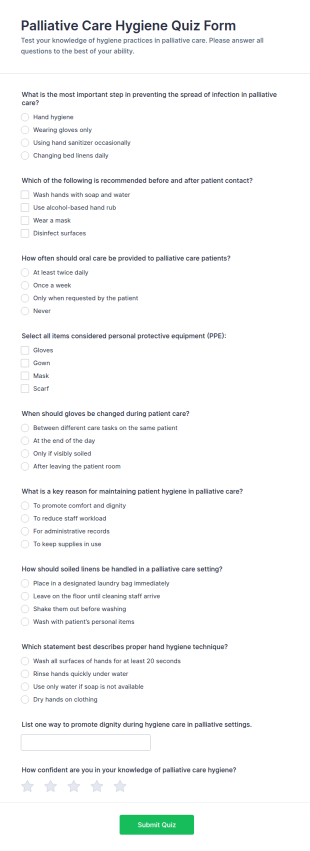 Palliative Care Hygiene Quiz Form Template