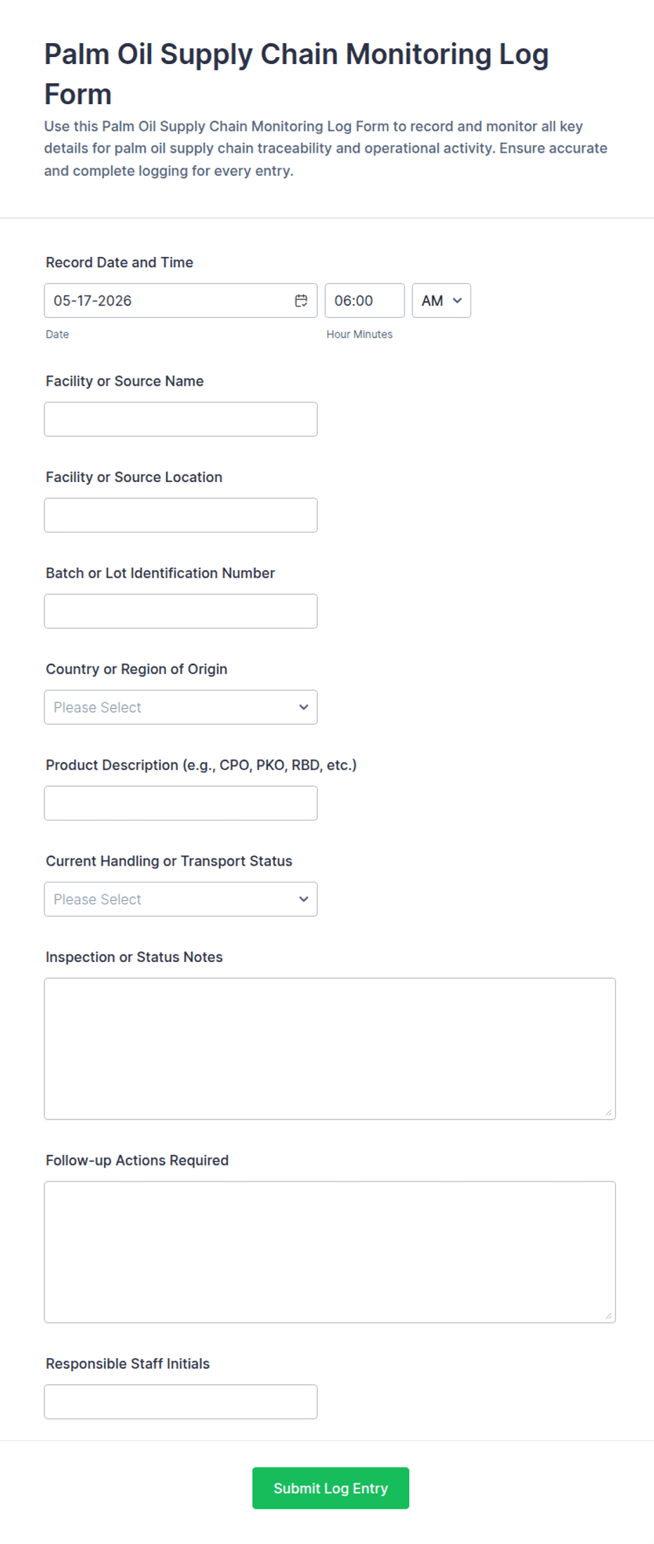 Palm Oil Supply Chain Monitoring Log Form Template | Jotform