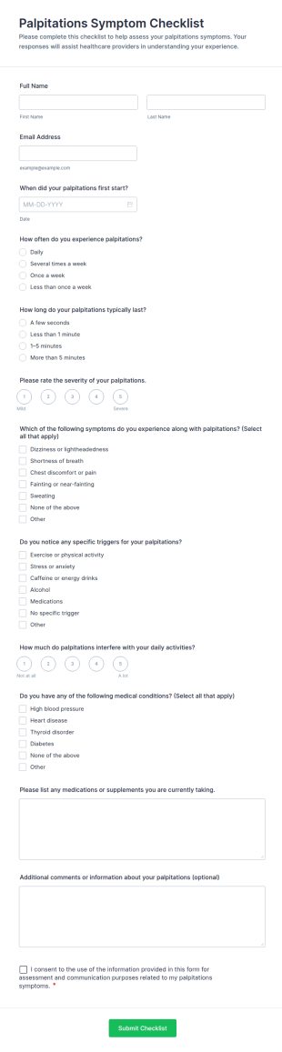 Palpitations Symptom Checklist Form Template