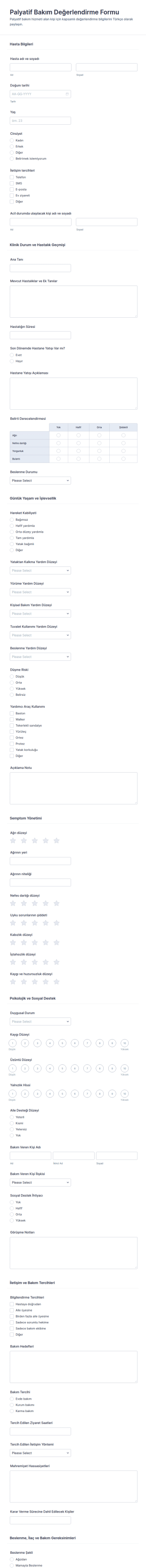 Palyaatif Bakım Değerlendirme Anketi Form Şablonu