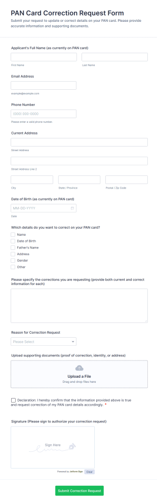 PAN Card Correction Request Form Template