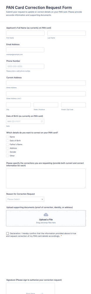 PAN Card Correction Request Form Template