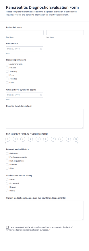Pancreatitis Diagnostic Evaluation Form Template