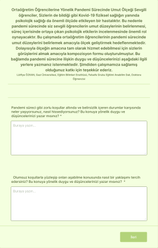 Pandemi Sürecinde Ortaöğretim Öğrencilerinde Umut Ölçeği Form Şablonu