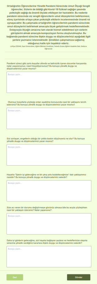 Pandemi Sürecinde Ortaöğretim Öğrencilerinde Umut Ölçeği Form Şablonu