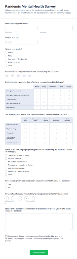 Pandemic Mental Health Survey Form Template