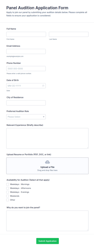 Panel Audition Application Form Template