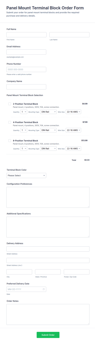 Panel Mount Terminal Block Order Form Template