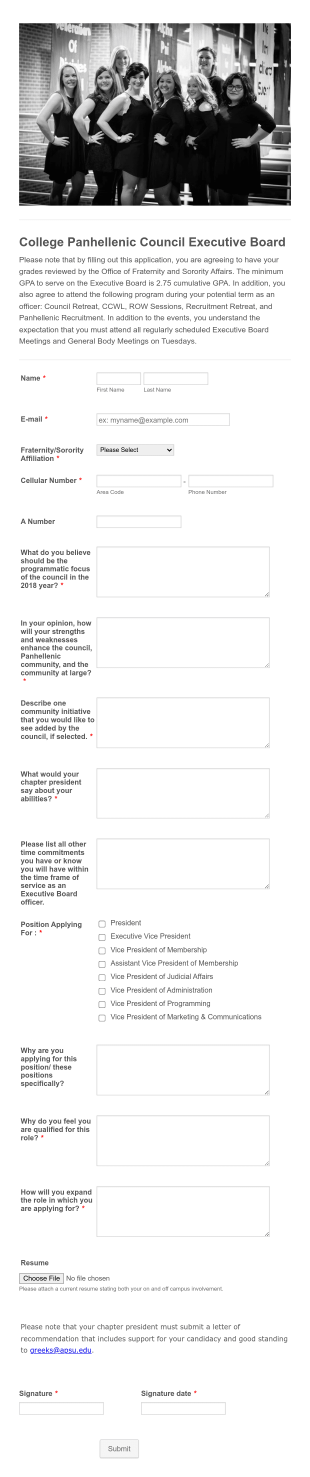 Panhellenic Executive Board Application 2017 Form Template