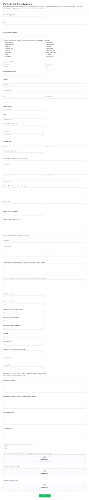 Panhellenic Information Form Template
