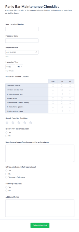 Panic Bar Maintenance Checklist Form Template