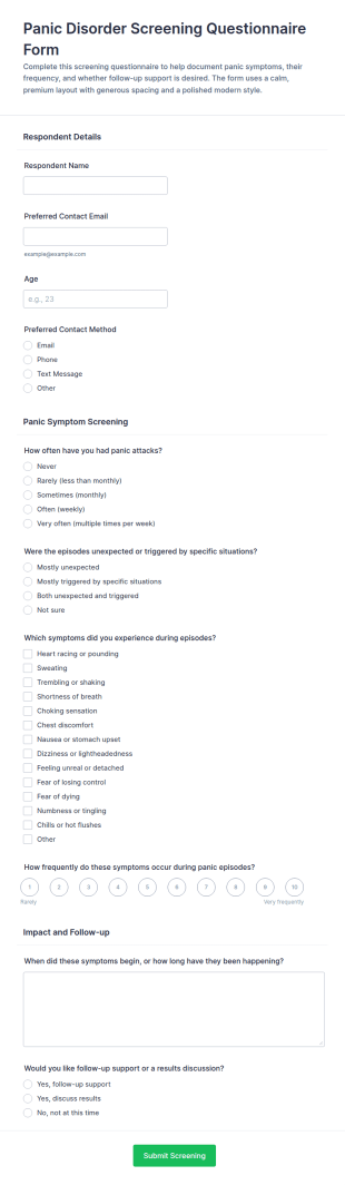 Panic Disorder Screening Questionnaire Form Template