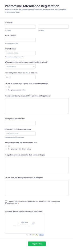 Pantomime Attendance Registration Form Template